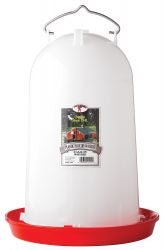 A three-gallon plastic poultry waterer with a clear container and a red base.