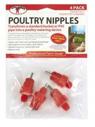 A four-pack of red Little Giant poultry watering nipples in a clear plastic retail bag.