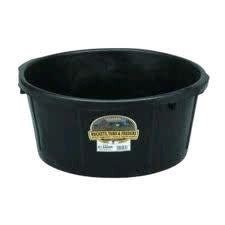 A black, round rubber feed tub with molded handles and a product label on the front.