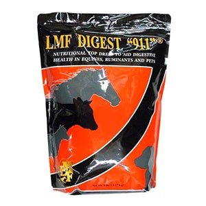 A bag of LMF Digest 911 nutritional top dress featuring silhouettes of a horse, cow, and dog.