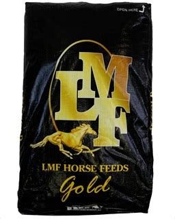 A black bag of LMF Gold horse feed featuring a gold logo and a running horse illustration.