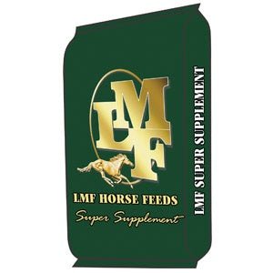 A dark green bag of LMF Super Supplement G horse feed featuring a gold logo and a horse graphic.