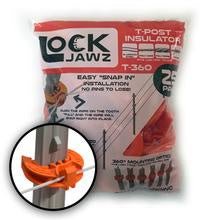 A bag of orange LockJawz T-post insulators with a close-up view of one attached to a fence post.