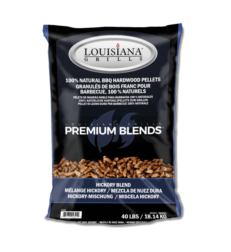 A 40-pound bag of Louisiana Grills hickory blend hardwood BBQ pellets.