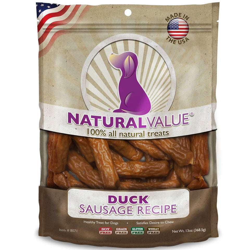 A bag of Natural Value duck sausage dog treats.