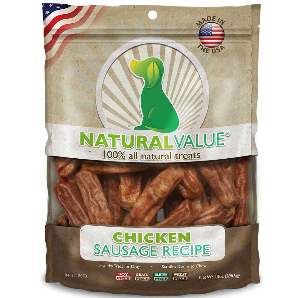 A bag of Natural Value chicken sausage dog treats.