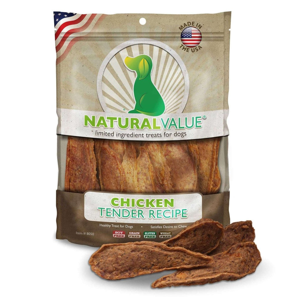 A bag of Natural Value chicken tender dog treats with several pieces displayed in front.