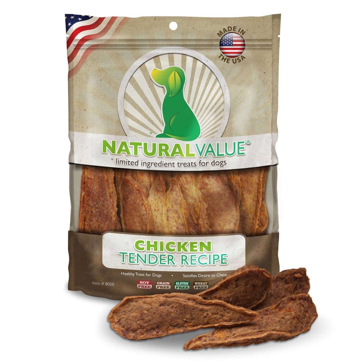 A bag of Natural Value chicken tender dog treats with several pieces displayed in front.