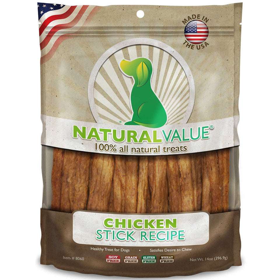 A bag of Natural Value chicken stick dog treats with a green dog logo.