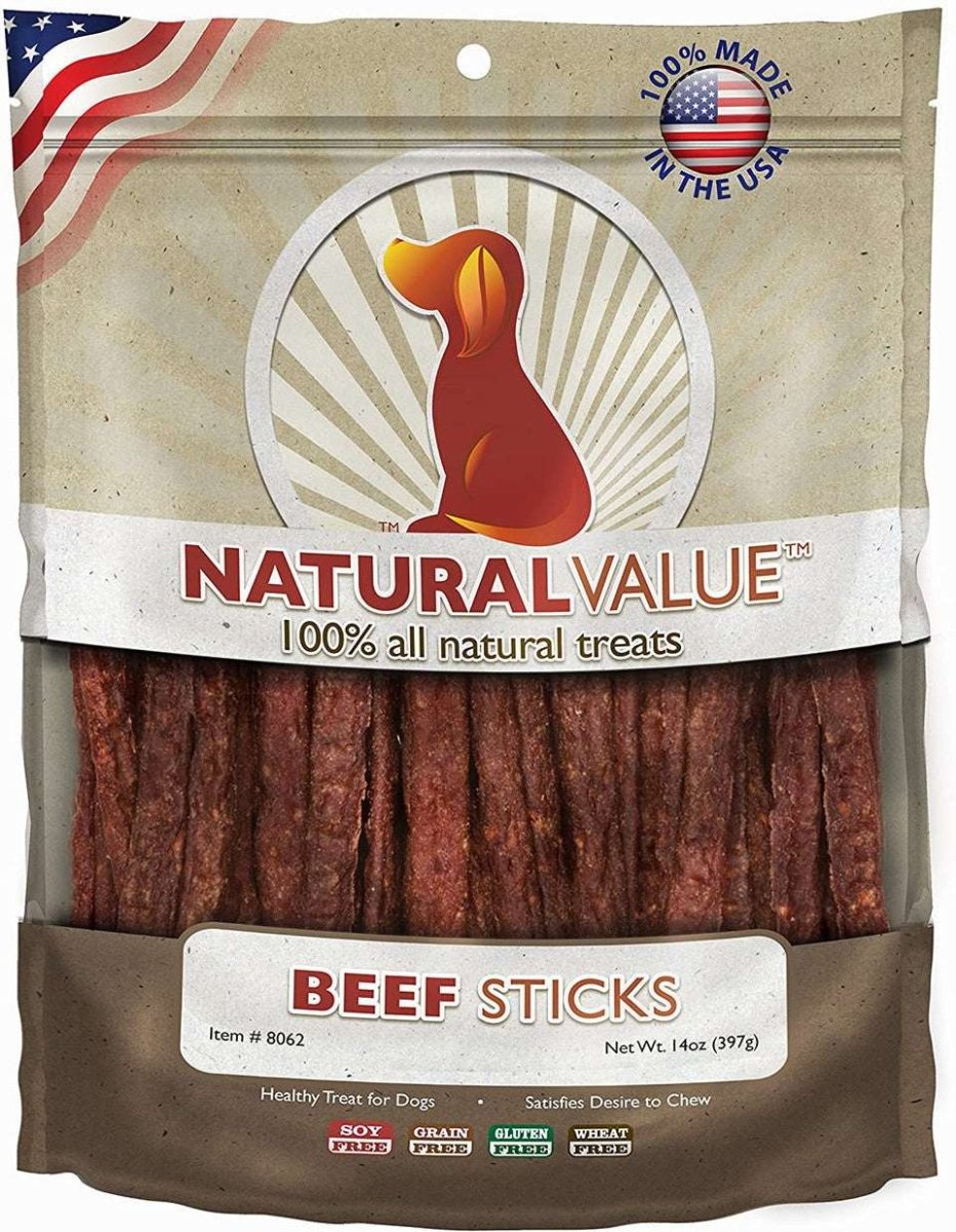 A bag of Natural Value beef stick dog treats.