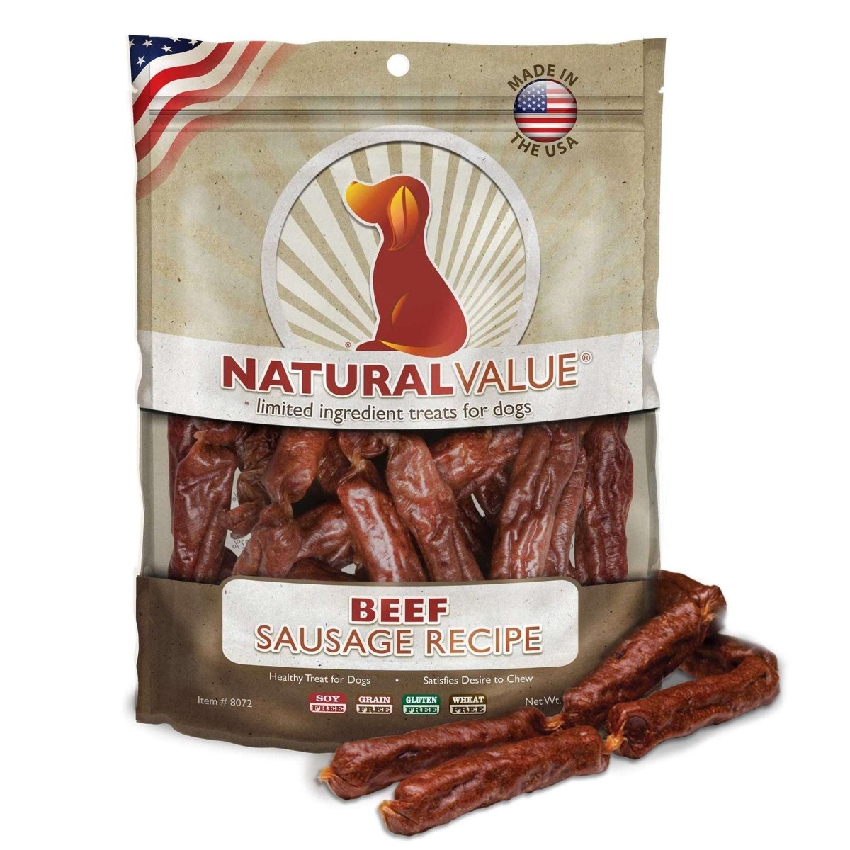 A bag of Natural Value beef sausage dog treats with three loose treats in front.