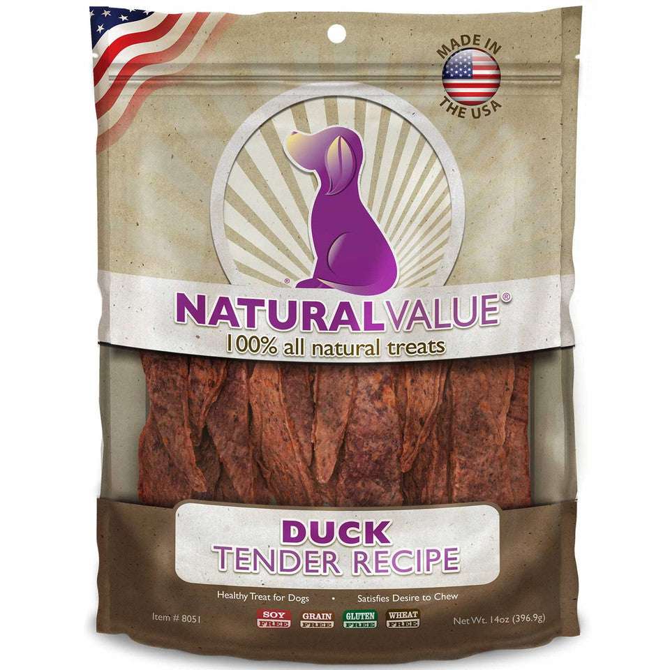 A bag of Natural Value duck tender dog treats with a purple dog silhouette logo.