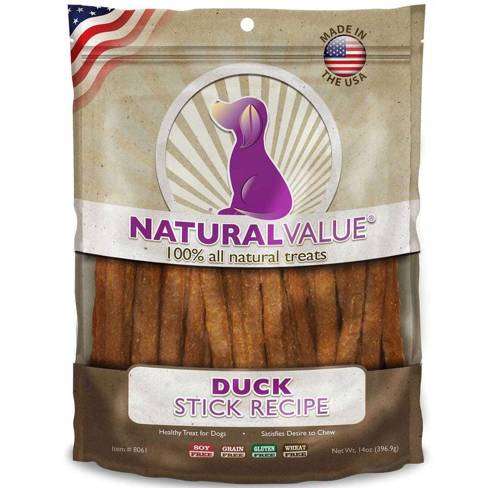 A bag of Natural Value duck stick dog treats featuring a purple dog silhouette logo.