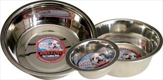 Three stainless steel dog bowls of varying sizes are arranged together on a white background.