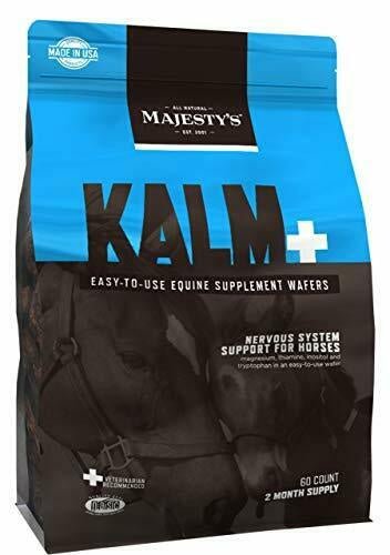 A bag of Majesty's Kalm+ equine supplement wafers featuring a horse image and 60 count label.