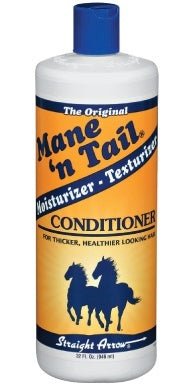 A 32-ounce bottle of Mane 'n Tail Conditioner with a blue cap and an orange label featuring horses.