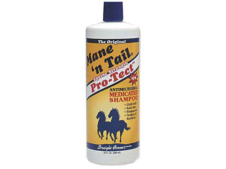 A 32-ounce bottle of Mane 'n Tail Pro-Tect antimicrobial medicated shampoo with a blue cap.