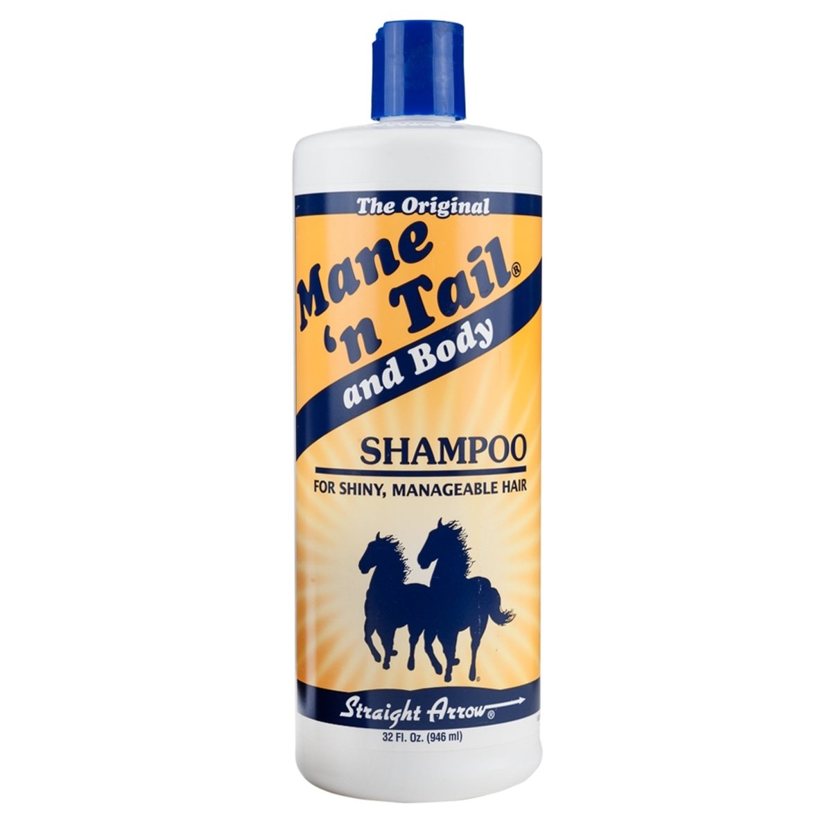 A 32 fluid ounce bottle of Mane 'n Tail shampoo with a blue cap and horse illustration.