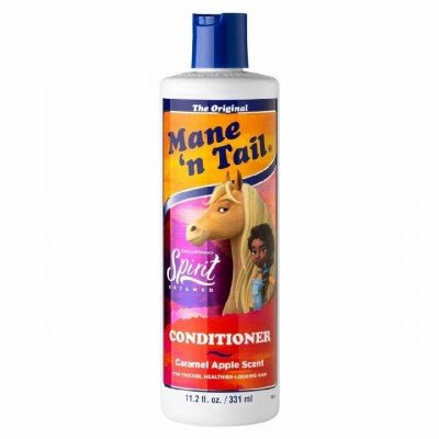 A bottle of Mane 'n Tail Spirit Untamed conditioner with a caramel apple scent.