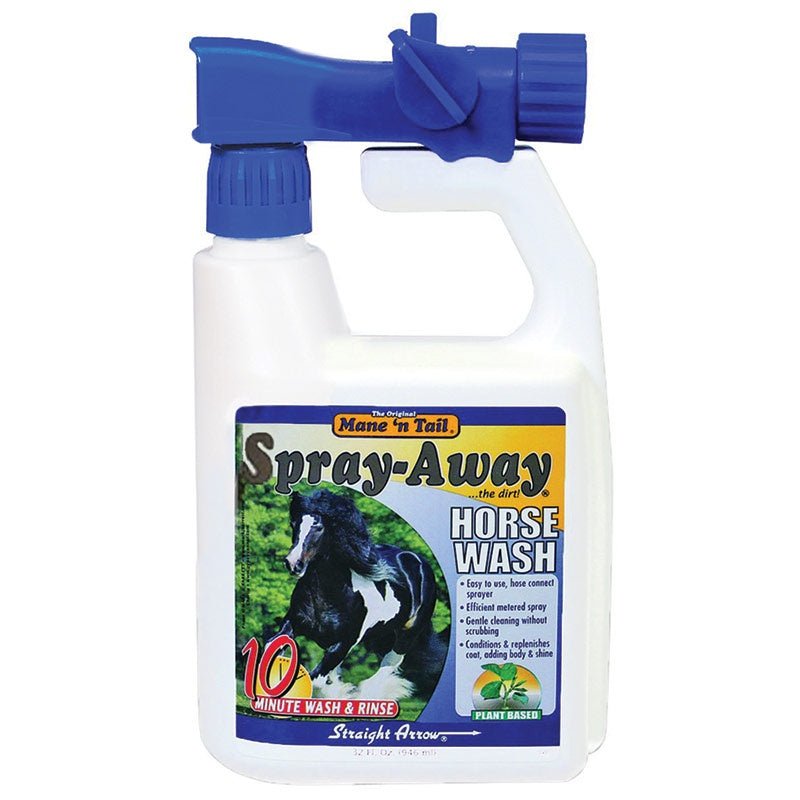 A 32-ounce bottle of Mane 'n Tail Spray-Away horse wash with an attached hose-end sprayer.