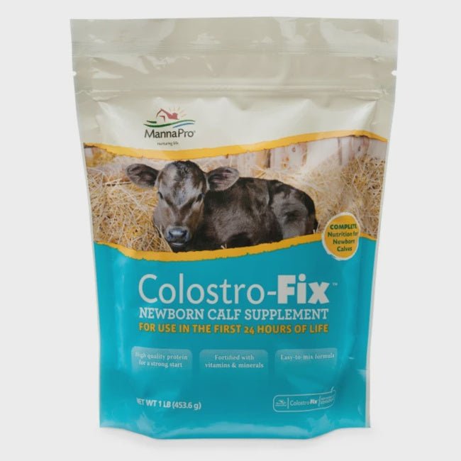 A one-pound bag of Manna Pro Colostro-Fix newborn calf supplement featuring a calf on the label.