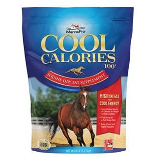 An eight-pound bag of Manna Pro Cool Calories 100 equine dry fat supplement.