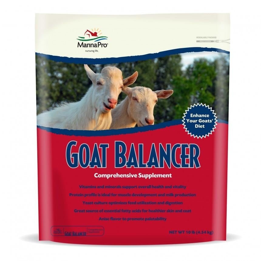 A 10lb bag of Manna Pro Goat Balancer supplement featuring two goats on the front.