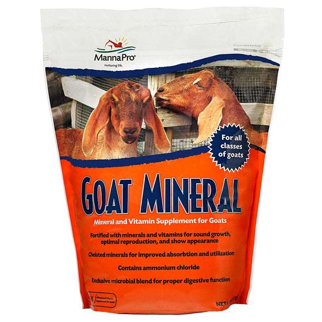 A bag of Manna Pro Goat Mineral supplement featuring two goats on the front label.
