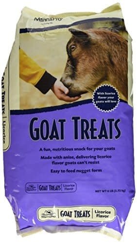 A 6lb bag of Manna Pro licorice-flavored goat treats featuring an image of a goat being fed.