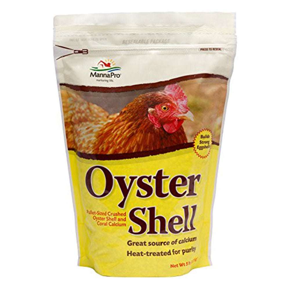 A five-pound bag of Manna Pro crushed oyster shell for poultry.