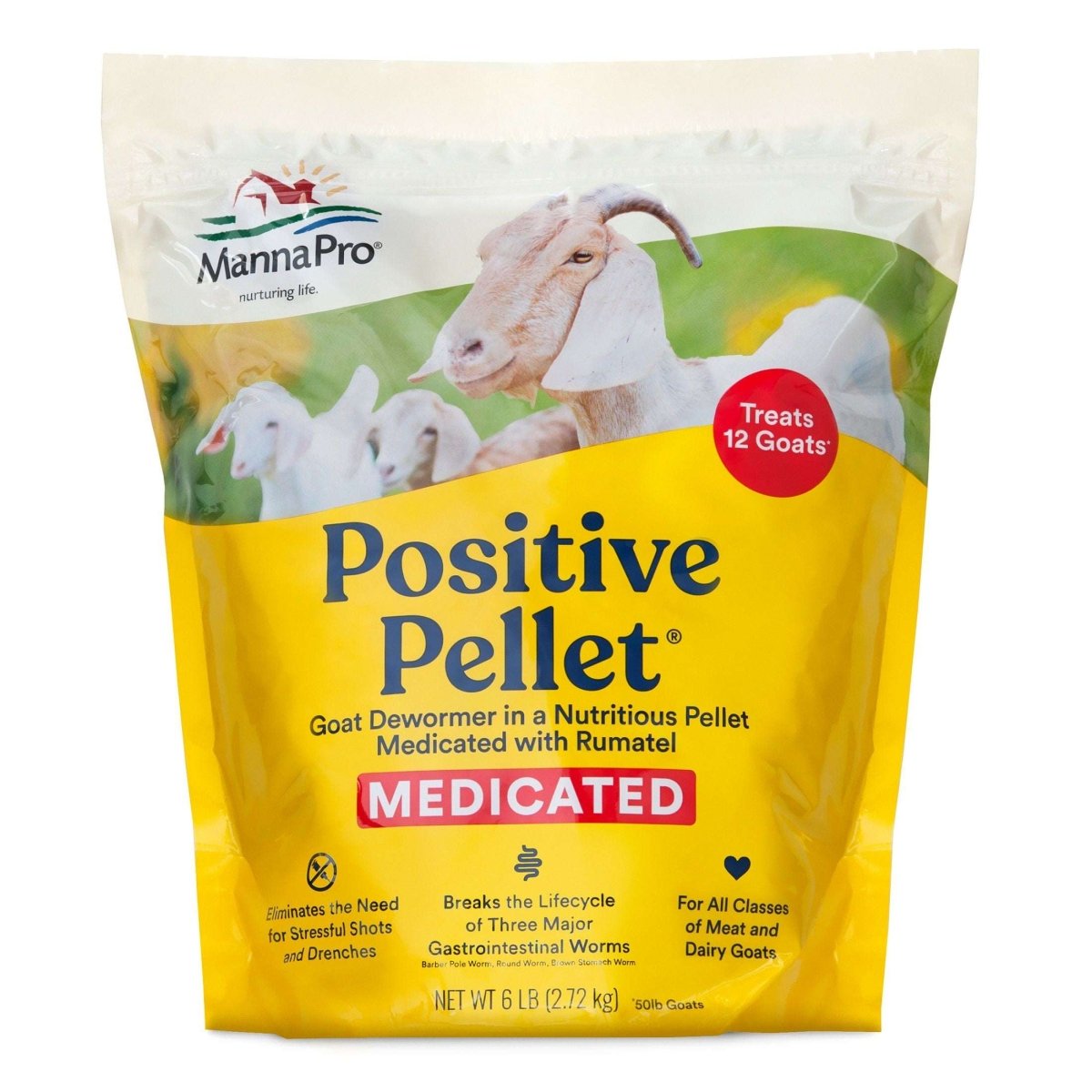 A six-pound bag of Manna Pro Positive Pellet medicated goat dewormer.