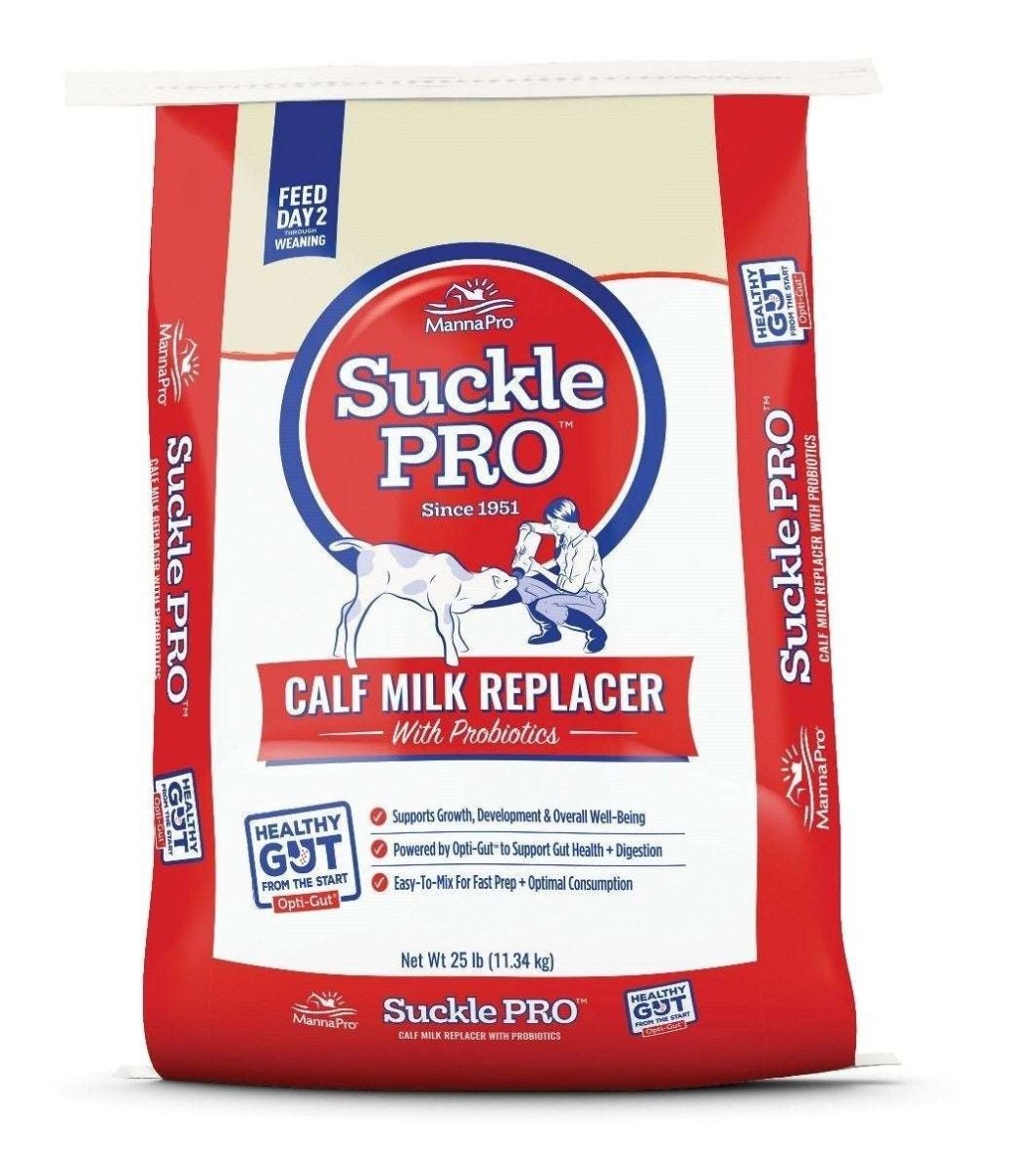 A 25-pound bag of Manna Pro Suckle Pro calf milk replacer with probiotics.