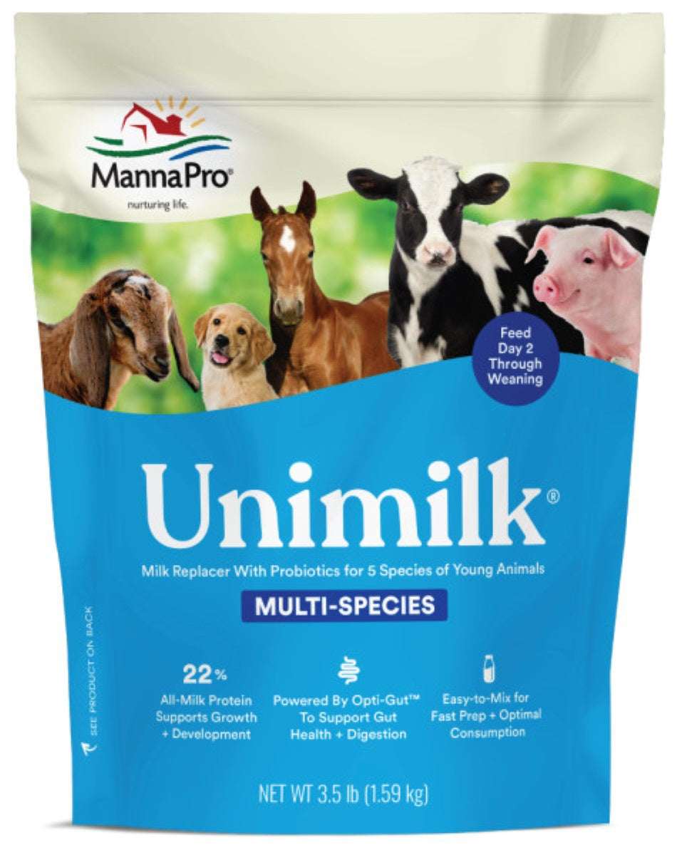 A 3.5 lb bag of Manna Pro Unimilk multi-species milk replacer for young animals.