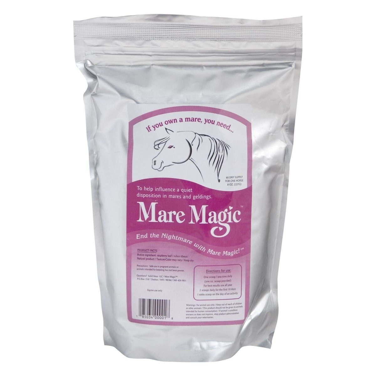 An eight-ounce silver pouch of Mare Magic herbal horse supplement with a pink label.