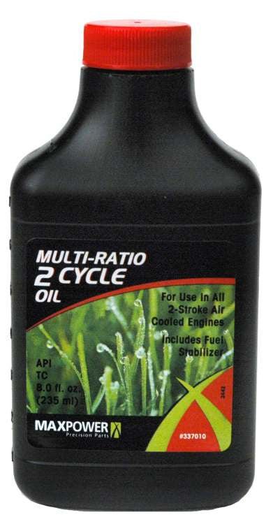 An eight-ounce bottle of Max Power multi-ratio two-cycle engine oil with a red cap.