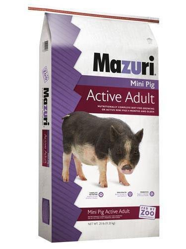 A twenty-five pound bag of Mazuri Active Adult mini pig food featuring a picture of a pig.