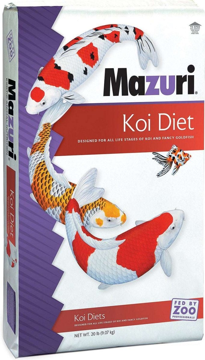 A twenty-pound bag of Mazuri Koi Diet fish food featuring illustrations of koi and goldfish.