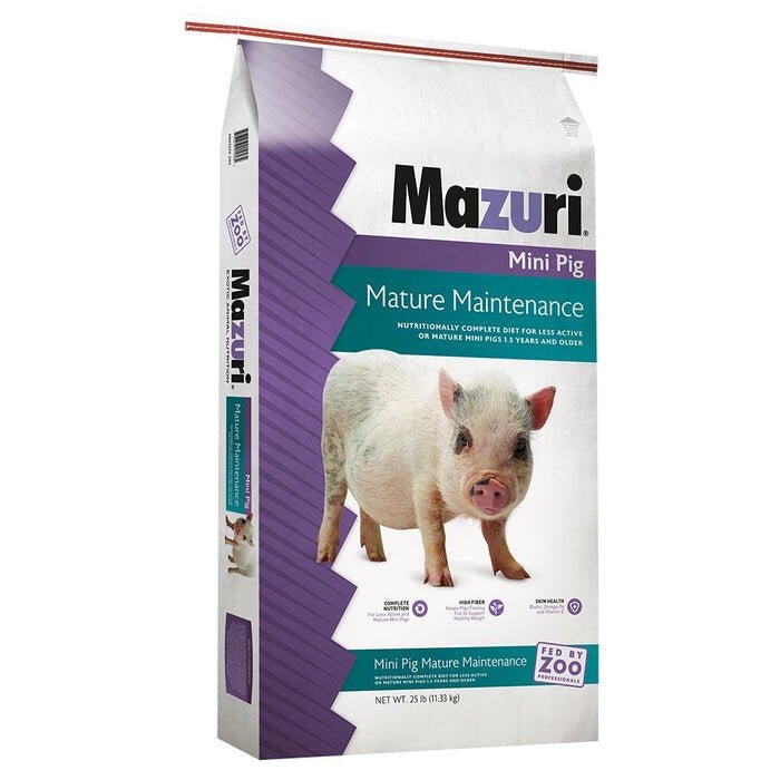 A 25-pound bag of Mazuri Mini Pig Mature Maintenance feed featuring a picture of a piglet.