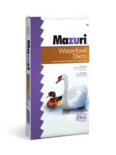 A fifty-pound bag of Mazuri Waterfowl Maintenance Diet featuring a swan and a duck on the front.
