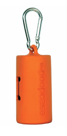 An orange cylindrical dog waste bag holder with a metal carabiner clip.