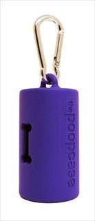 A purple cylindrical dog poop bag dispenser with a bone-shaped cutout and a metal carabiner.
