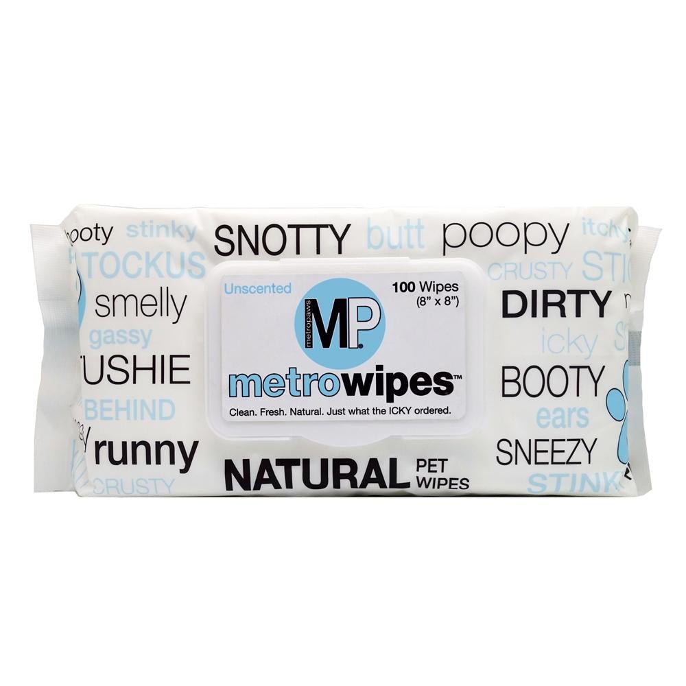 A package of MetroPaws natural pet wipes featuring a white background with various text patterns.