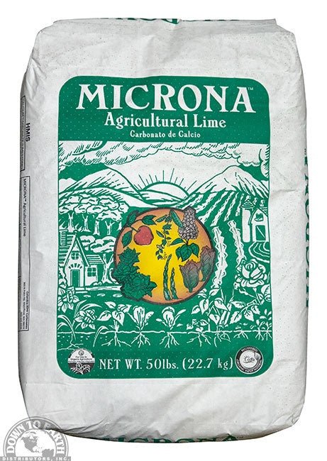 A 50-pound bag of Microna Agricultural Lime with a green and white landscape illustration.