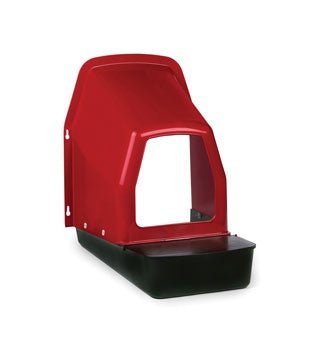 A red plastic chicken nesting box with a black base and a sloped roof for wall mounting.