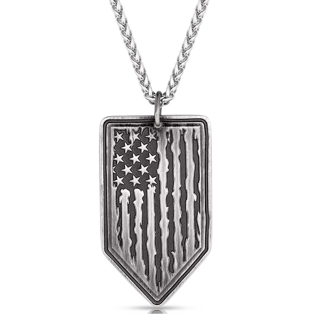 A gunmetal and silver arrow-shaped pendant featuring a tattered American flag on a chain.