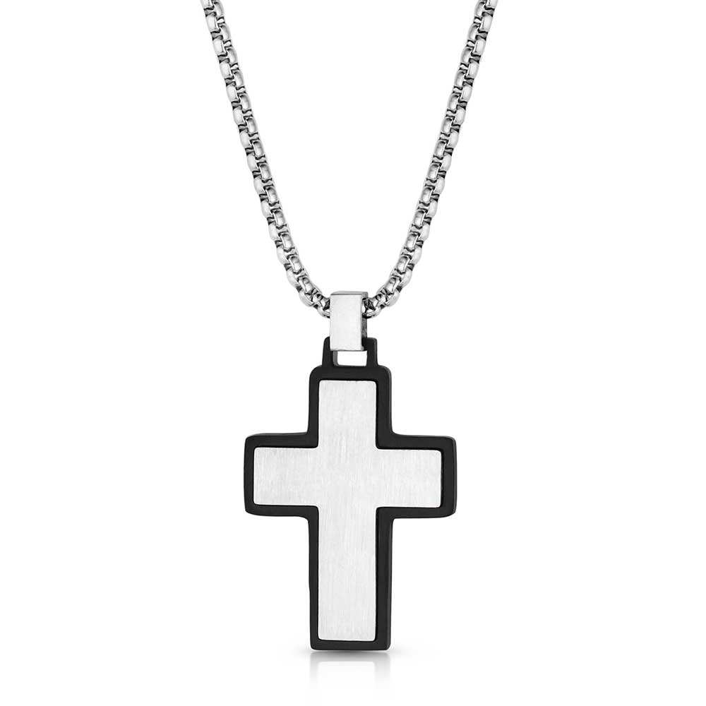 A silver and black nickel cross pendant hangs from a matching silver tone chain.