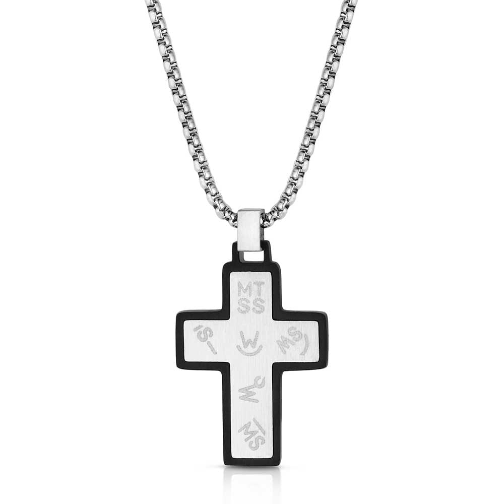 A silver and black nickel cross pendant hangs from a twenty-inch silver tone chain.