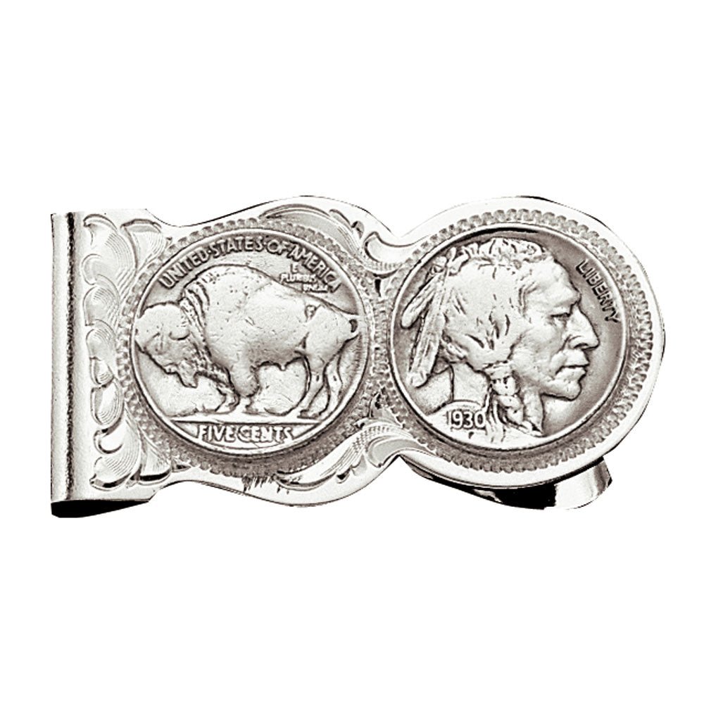 A silver money clip featuring engraved filigree and two replica Buffalo nickel coins.