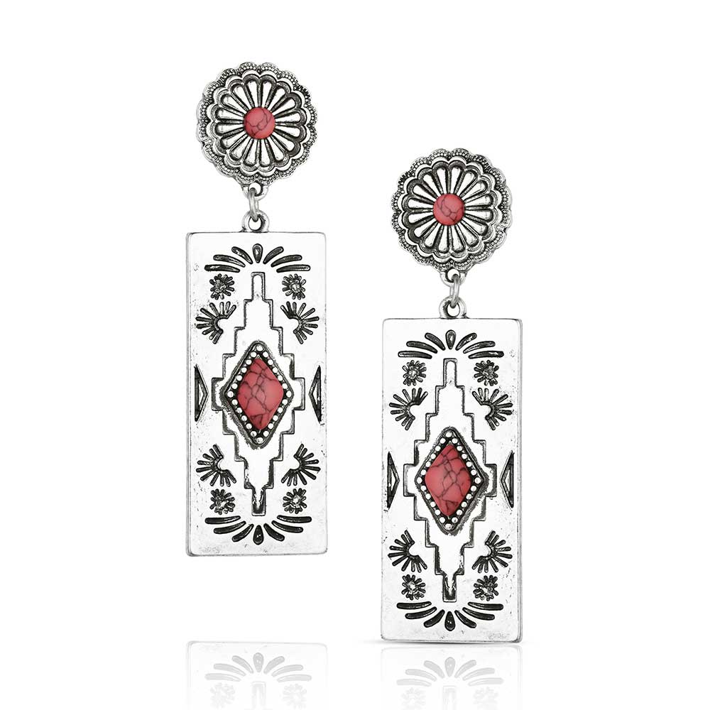 Silver-tone drop earrings featuring a floral concho top and a rectangular pendant with pink stones.
