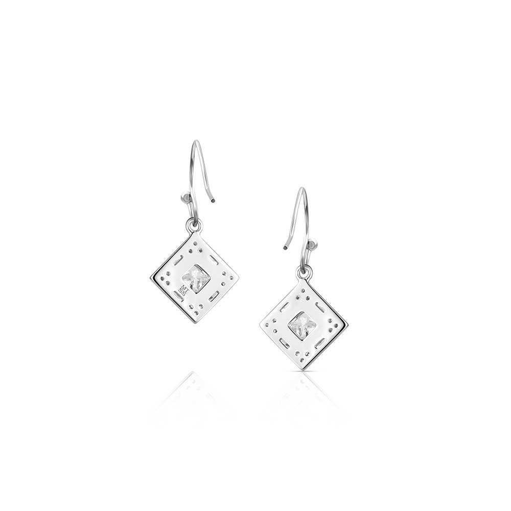 Montana Silversmiths drop earrings featuring square crystals set in silver-toned diamond frames.
